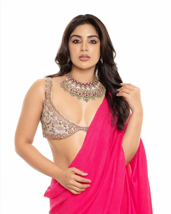 Hot Samyuktha Menon Flaunts Her Big Boobs in a Dark Pink Saree With a Cream Blouse (3)