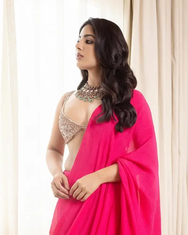 Hot Samyuktha Menon Flaunts Her Big Boobs in a Dark Pink Saree With a Cream Blouse (6)