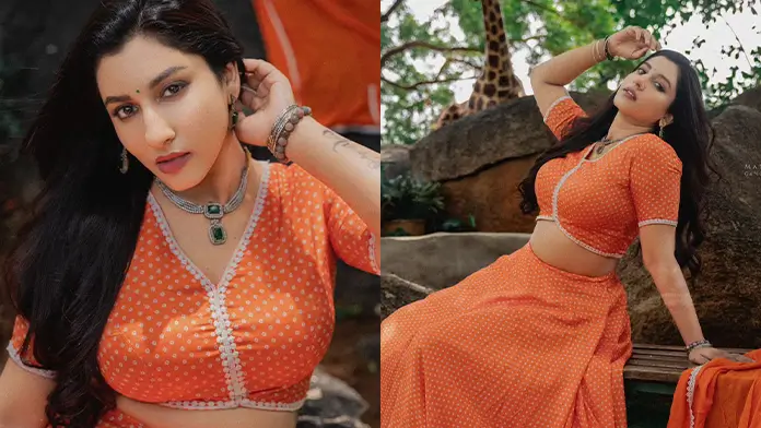 Hot Vishnu Priya Shows Off Big Boobs in an Orange Lehenga Crop Blouse (1)