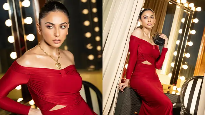 Rakul Preet Singh Displays Her Big Boobs and Sexy Body in a Stunning Red Shoulder drop Cutout Dress (1)