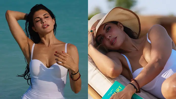Hot Jacqueline Fernandez Shows Off Big Boobs and Deep Cleavage in White Dress (1)