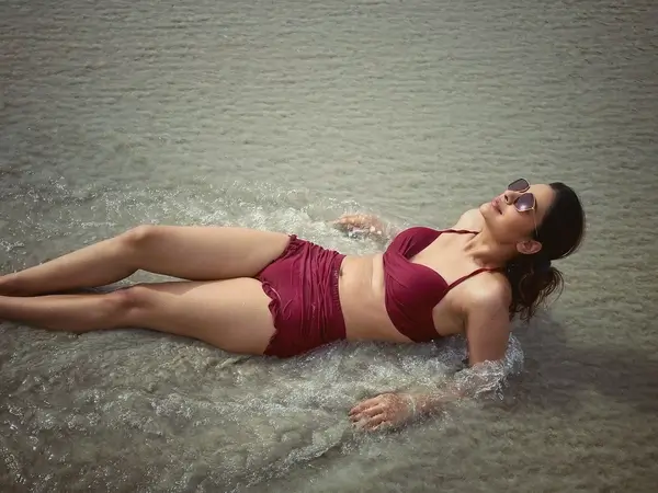 Hot Payal Rajput Displays Her Big Boobs and Sexy Body in Maroon Bikini (3)