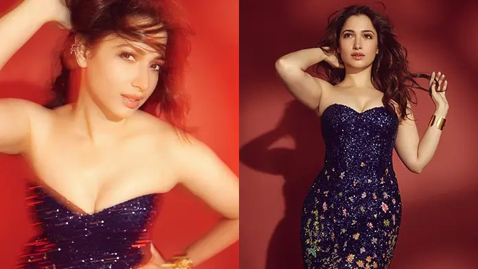 Hot Tamannaah Bhatia Shows Off Big Boobs and Deep Cleavage in Blue Sequined Gown (1)
