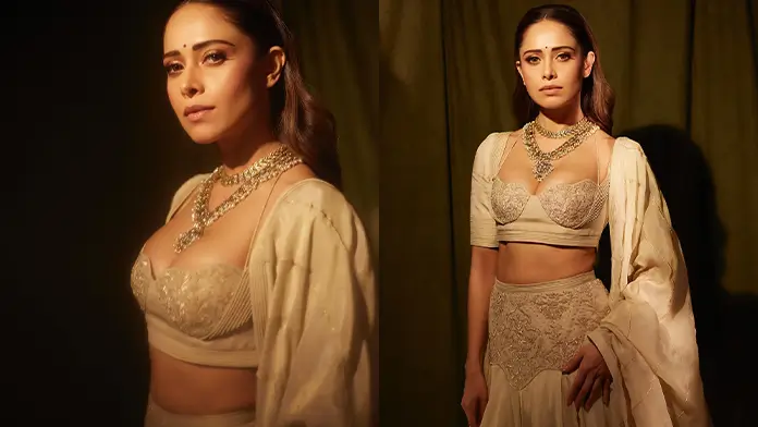 Hot Nushrat Bharucha Shows Off Big Boobs and Deep Cleavage in Cream Color Dress (1)