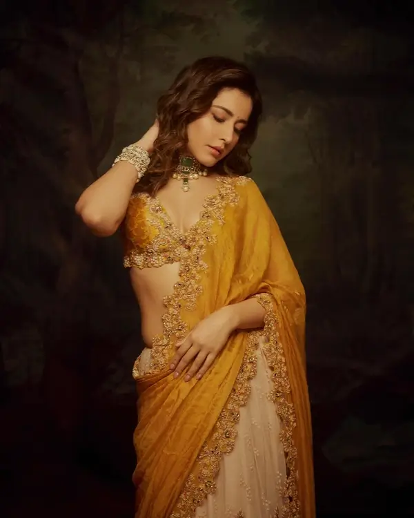 Hot Raashii Khanna Flaunts Her Big Boobs in a Golden orange Lehenga Set (3)