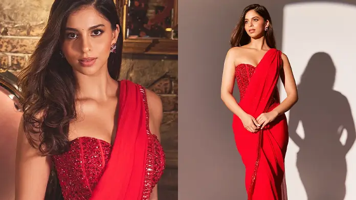 Hot Suhana Khan Displays Her Big Boobs and Sexy Body in a Vibrant Red Saree (1)