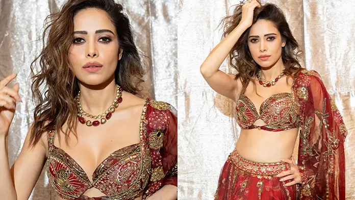 Hot Nushrratt Bharuccha Showcased Her Big Boobs and Curvy Figure in a Red Lehenga (1)