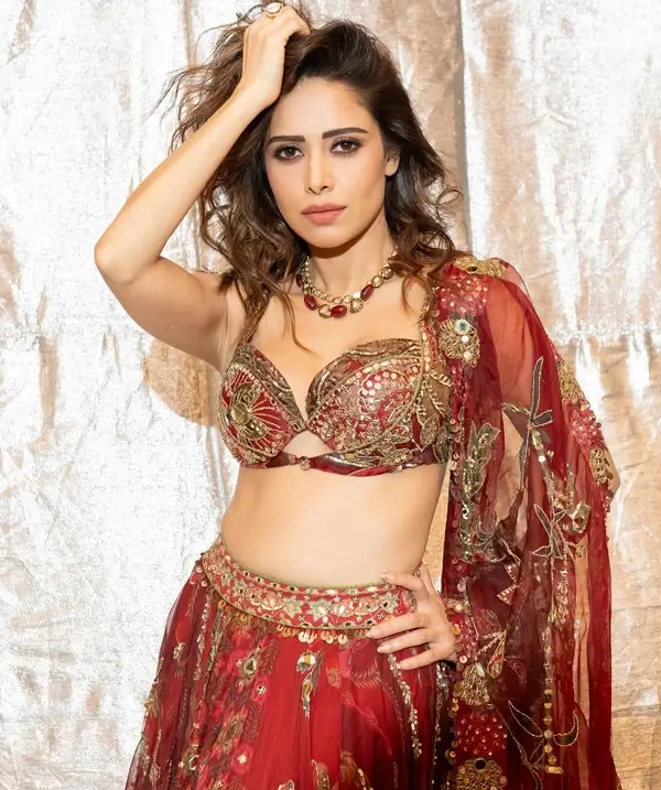 Hot Nushrratt Bharuccha Showcased Her Big Boobs and Curvy Figure in a Red Lehenga (2)