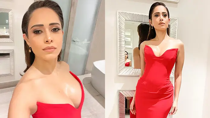 Hot Nushrratt Bharuccha Shows Off Big Boobs and Deep Cleavage in a Red Dress (1)