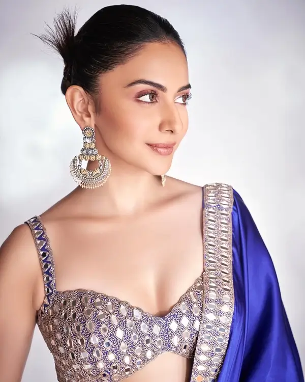 Hot Rakul Preet Singh Flaunts Her Big Boobs in a Mirror stoned Blue Bralette Paired With a Flowing Blue Saree (3)