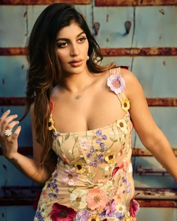 Hot Yashika Aannand Showcased Her Big Boobs and Curvy Body in Floral Dress (4)