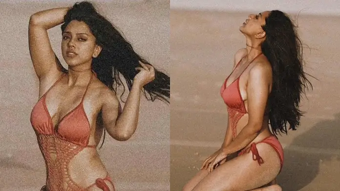 Hot Deviyani Sharma Showcased Her Big Boobs and Curvy Figure in Orange Monokini (1)