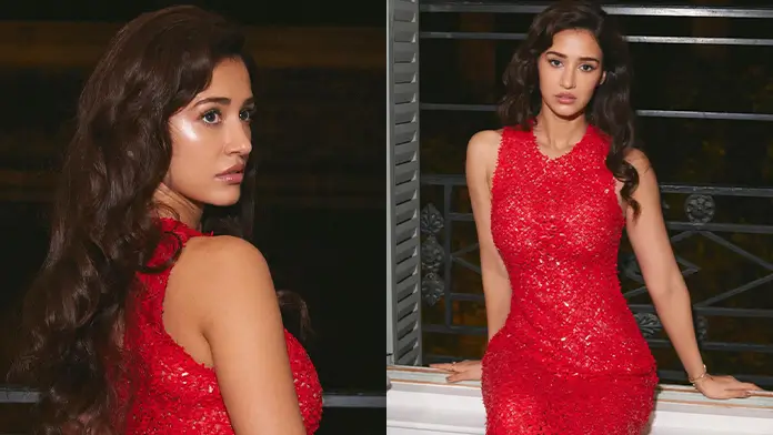 Hot Disha Patani Displays Her Big Boobs and Sexy Body in Red Sequined Sleeveless Gown (1)