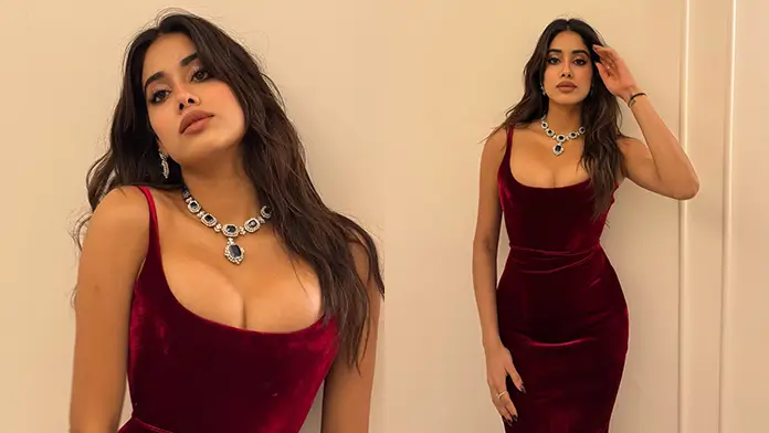 Hot Janhvi Kapoor Flaunts Her Big Boobs in Maroon Velvet Bodycon Dress (1)