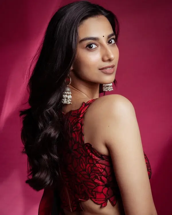 Hot Meenakshi Chaudhary Showcased Her Big Boobs and Curvy Figure in Red Saree (4)