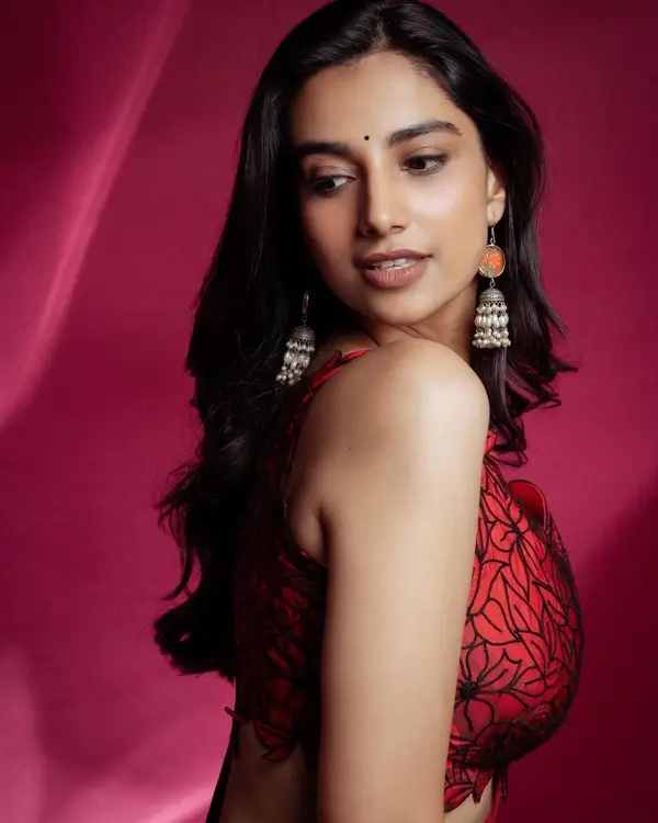 Hot Meenakshi Chaudhary Showcased Her Big Boobs and Curvy Figure in Red Saree (5)