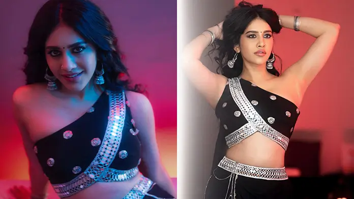 Hot Nabha Natesh Flaunts Her Big Boobs in Black One shoulder Shirt and a Skirt (1)