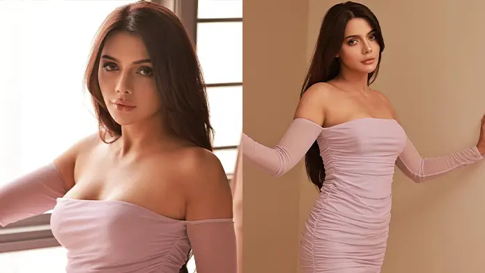 Hot Ruhi Singh Showcased Her Big Boobs and Curvy Figure in Light Pink Dress (1)