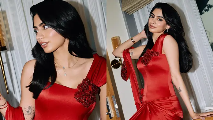 Hot Khushi Kapoor Flaunts Her Big Boobs in Red One shoulder Gown (1)