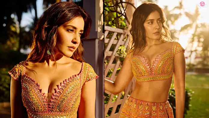 Hot Raashi Khanna Flaunts Her Big Boobs in Pink and Gold Lehenga Choli (2)