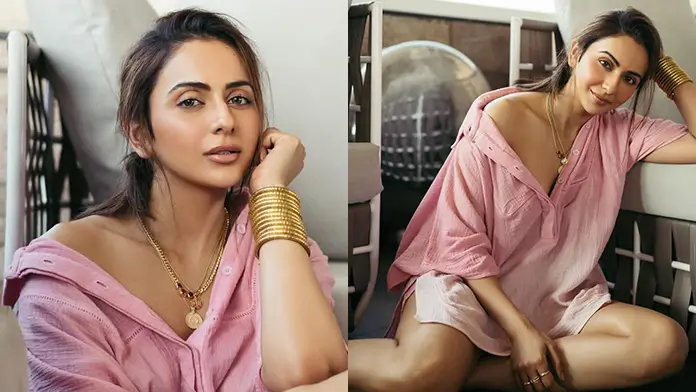 Hot Rakul Preet Singh Shows Off Big Boobs and Deep Cleavage in Pink Shirt (1)