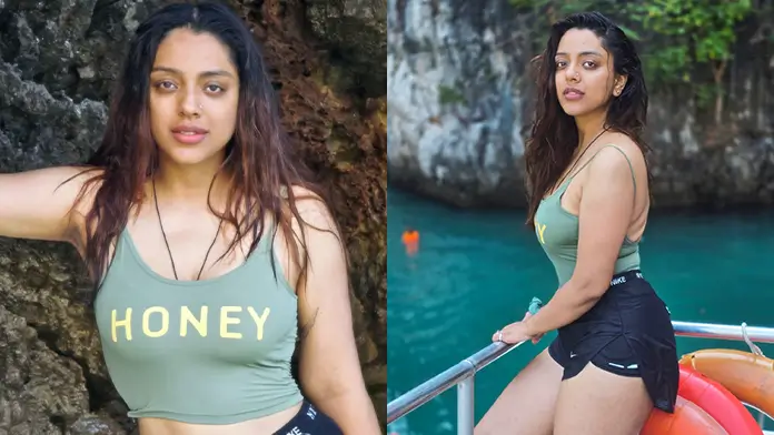 Hot Vedhika Kumar Flaunts Her Big Boobs in Olive Green Top and Black Shorts (1)