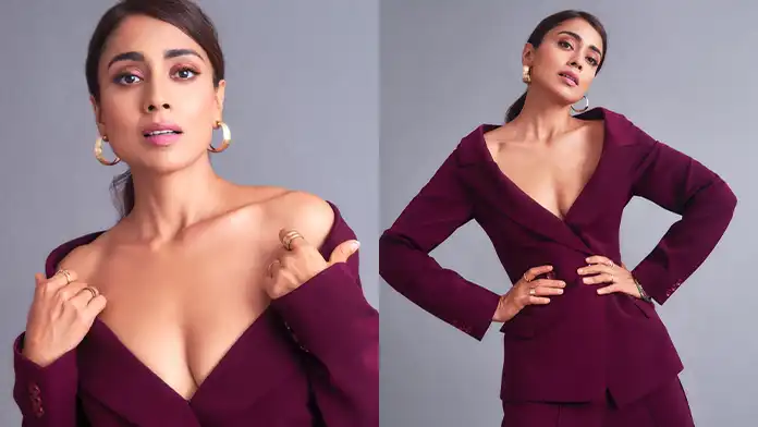 Hot Shriya Saran Shows Off Big Boobs and Deep Cleavage in Purple Blazer (1)