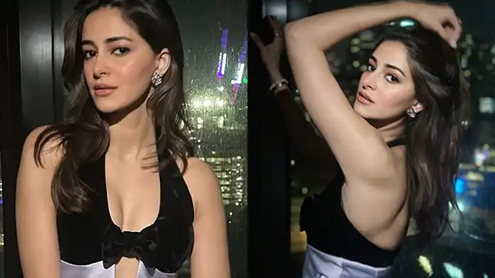 Hot Ananya Panday Flaunts Her Big Boobs in Bold Black and Purple Dress (1)