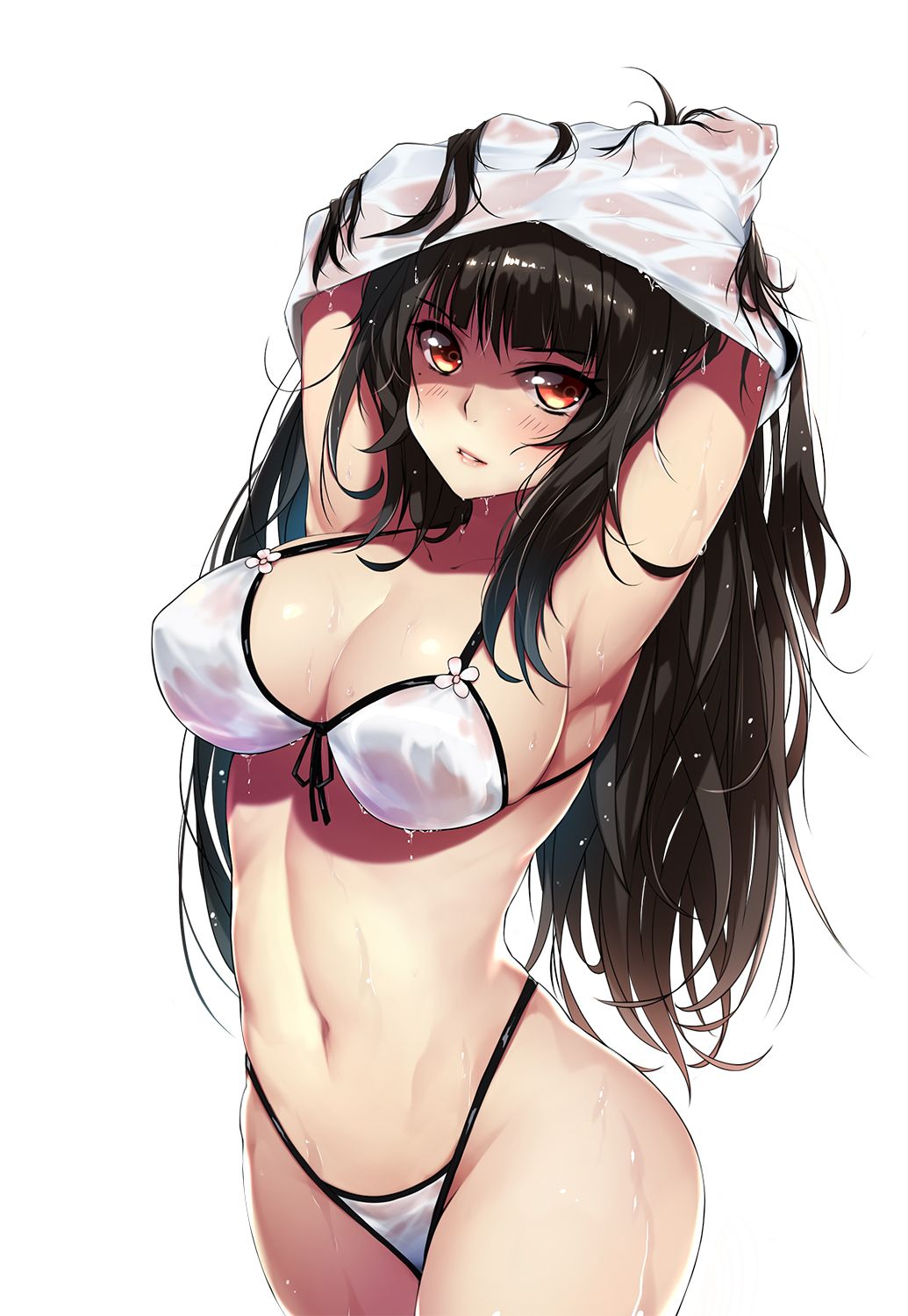 Hot Large Breasts Anime Girl Opening Her Wet Top Showing Boobs